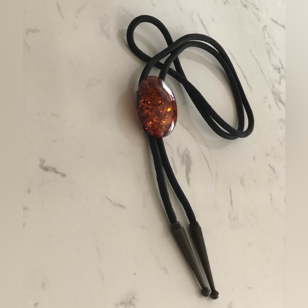 Black Bolo Tie with faux Amber Stone